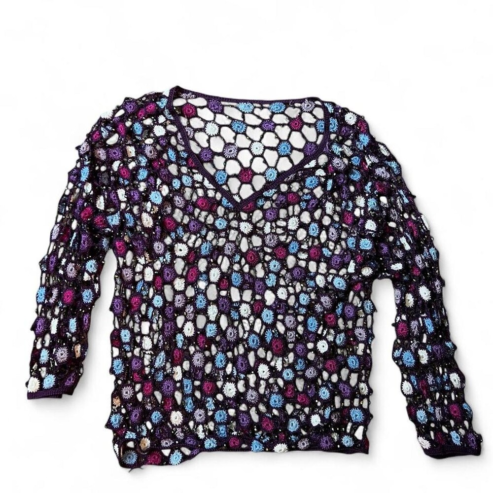 Multi-colored beaded crochet sweater with circular motifs in purple, blue, white